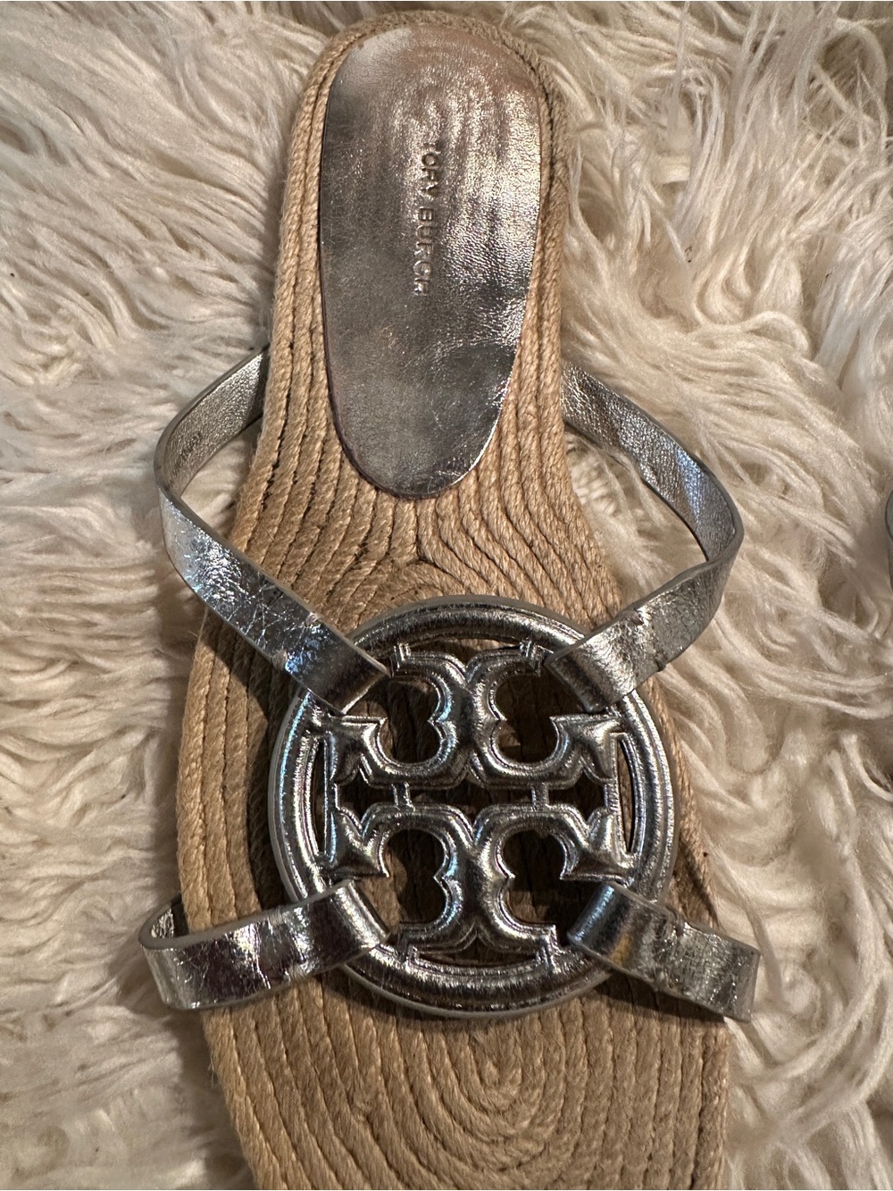 Tory Burch Silver Logo Jute Slide Sandal
